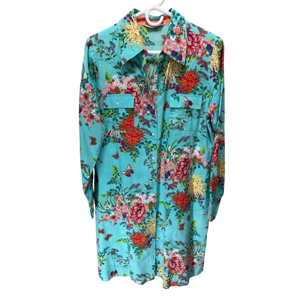 Soft Surroundings Shirt Dress Womens Large Turquoise Floral Butterfly Coastal